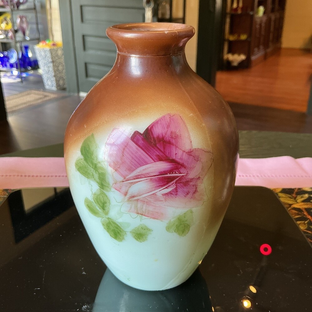 Antique Fostoria Milk Glass Hand Painted Pink Rose 6.5” Vase